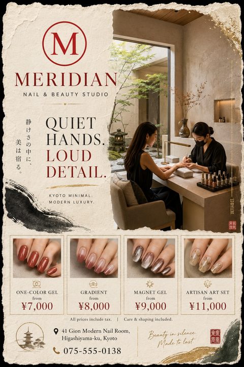 A flyer for a nail and beauty studio with a torn paper edge effect. It features a photo of a woman getting a manicure in a serene, Japanese-style room, and four smaller photos showing different gel nail designs with prices in Yen.