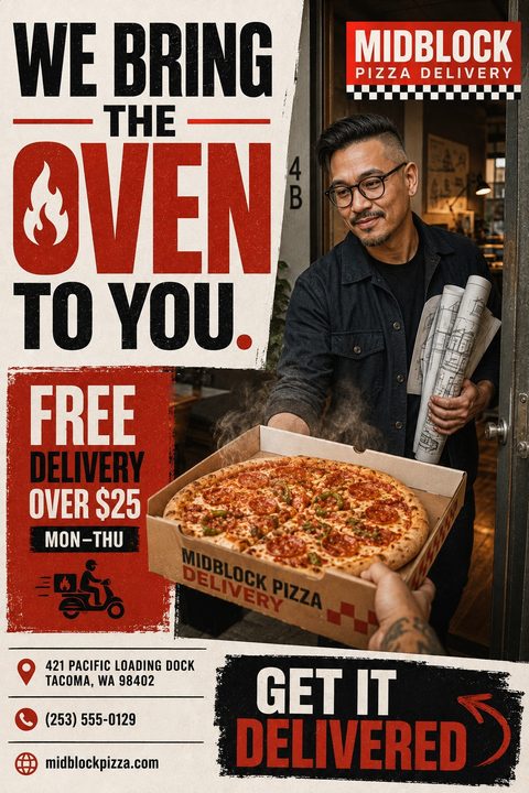 Pizza delivery flyer with bold text reading 'We bring the oven to you.' and 'Free delivery over $25'. A photo shows a man receiving a hot pizza in a box at his door.