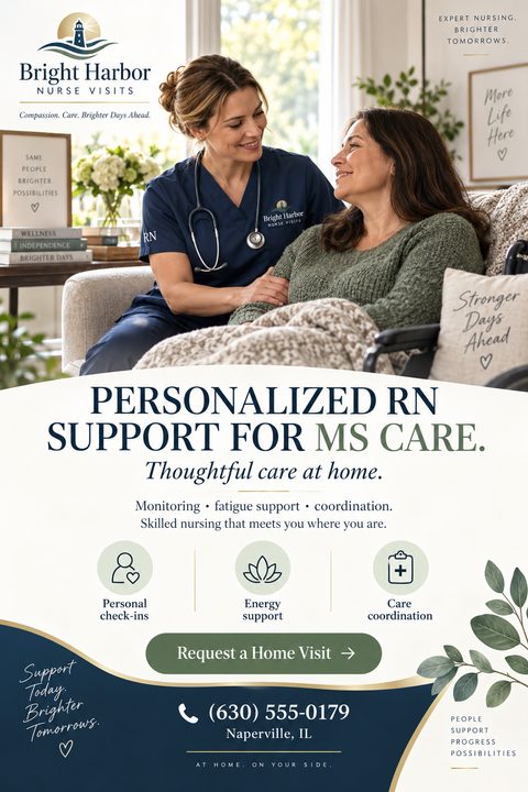 A professional home nursing flyer featuring a large photo of a nurse comforting a patient. The design uses a calming cream, navy blue, and sage green palette with elegant typography and service icons.