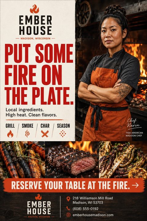 A rustic restaurant flyer featuring a female chef standing in front of a fire, with bold red text reading 'Put some fire on the plate.' Below are three photos of grilled food and a reservation call to action.