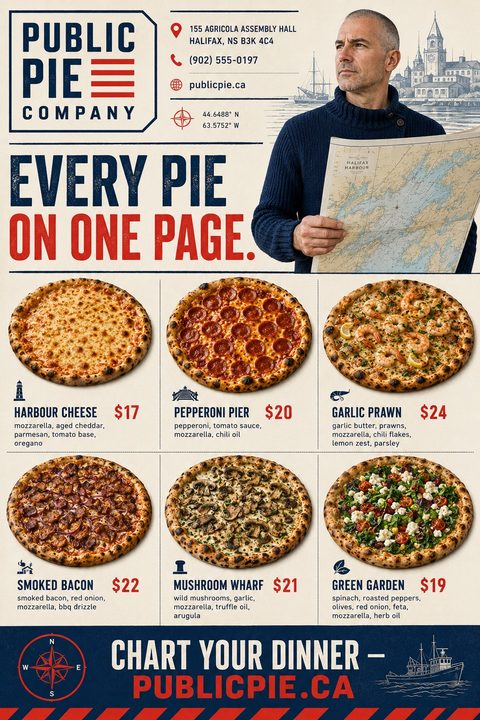 A nautical-themed pizza menu flyer featuring a man holding a map, a compass graphic, and a grid of six different pizzas with descriptions and prices. The color scheme is navy, red, and cream.