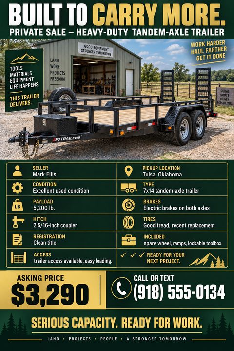 Flyer for a private sale of a heavy-duty tandem-axle trailer. Features a large photo of the trailer in front of a barn, followed by a detailed grid of specifications like condition, payload, and hitch type. The bottom highlights the asking price and.