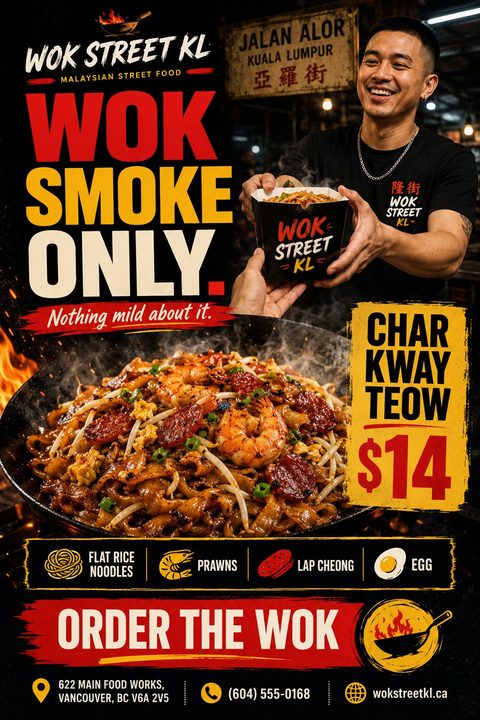 A dark, grunge-style food flyer featuring a smiling chef handing over a takeout box, above a large, appetizing close-up of stir-fried noodles in a wok. Bold red and yellow distressed text highlights the dish.