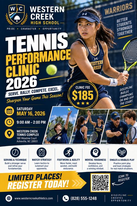 A dynamic navy blue and gold tennis clinic flyer featuring a female tennis player, three smaller action photos, event details, training topics with icons, and a registration QR code.