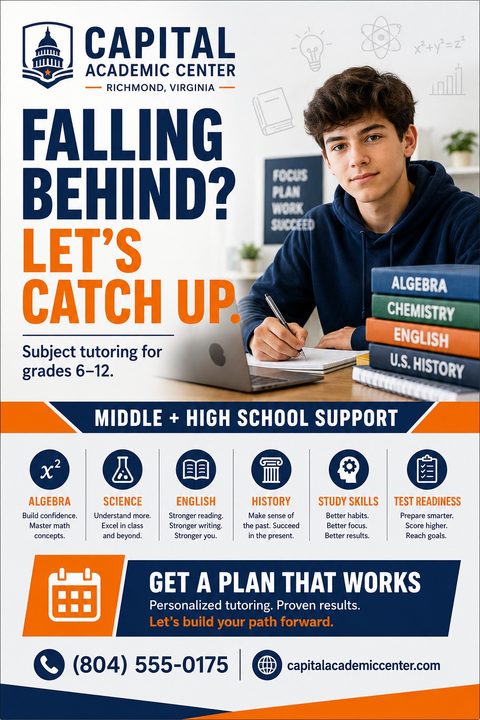 A tutoring services flyer featuring a teenage boy studying at a desk with textbooks. The design uses navy blue and orange text, with icons listing subjects like algebra, science, english, and history.