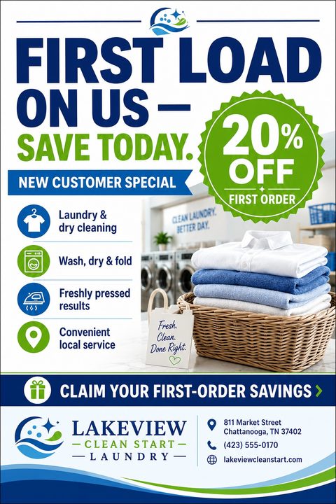 Laundry service flyer template with a large 'First Load On Us' headline, a green 20% off badge, a photo of folded towels in a basket, and a list of services with icons.