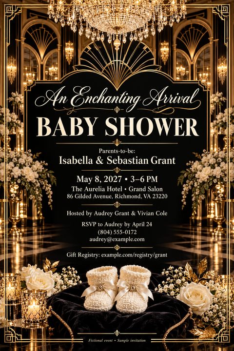 A luxurious baby shower invitation flyer featuring an Art Deco black and gold border. The background shows an elegant hall with chandeliers, while white baby booties sit on a velvet cushion among white roses.