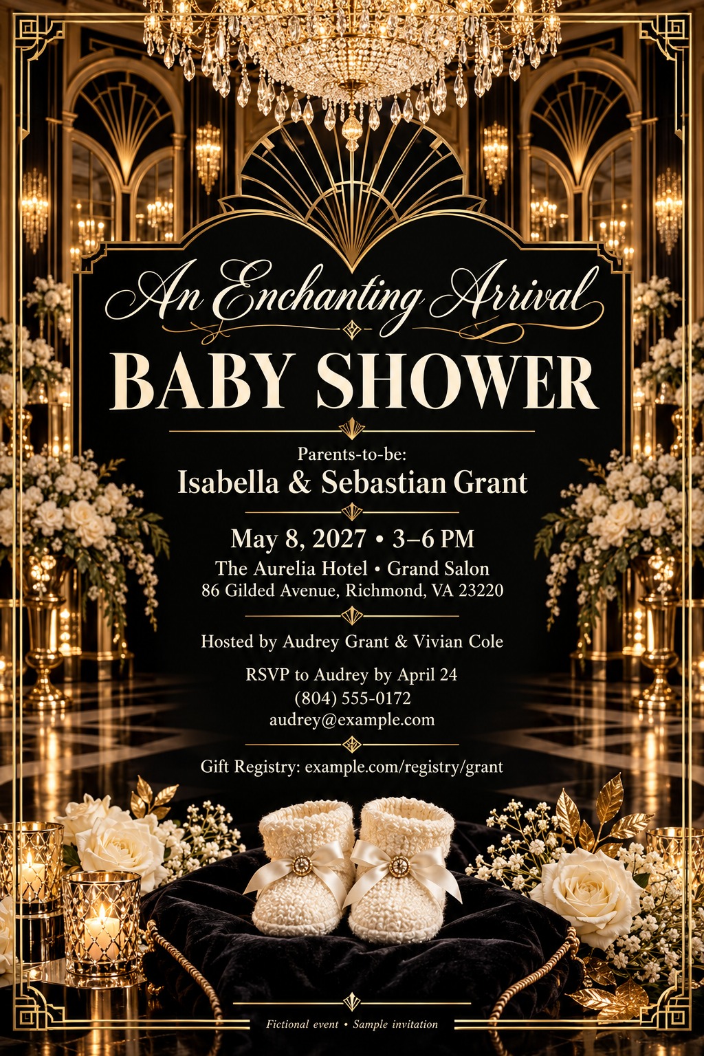 A luxurious baby shower invitation flyer featuring an Art Deco black and gold border. The background shows an elegant hall with chandeliers, while white baby booties sit on a velvet cushion among white roses.