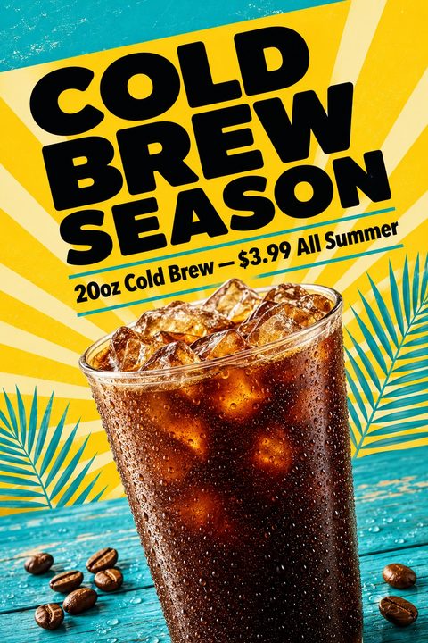 A bright summer flyer featuring a condensation-covered glass of iced coffee on a blue wooden table. The background is a yellow sunburst with teal palm leaves and bold black text.