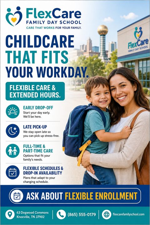 Flyer for FlexCare Family Day School with a photo of a smiling mother holding her young son who is wearing a backpack. Text reads 'Childcare that fits your workday. Flexible care & extended hours.' with bullet points for early drop-off, late pick-up.