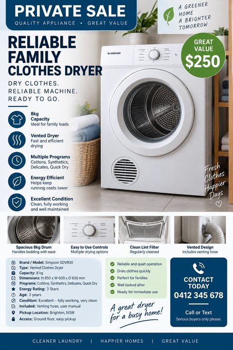 A detailed flyer for a private sale of a clothes dryer. It features a large main photo of a white dryer, a green price tag, bullet points for key features, four smaller detail photos, a comprehensive specifications list, and a prominent blue contact.