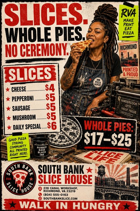 A vintage, grunge-style pizza menu flyer with bold red and black text, featuring a woman eating a slice of pizza next to a printing press, with a price list for slices and whole pies.