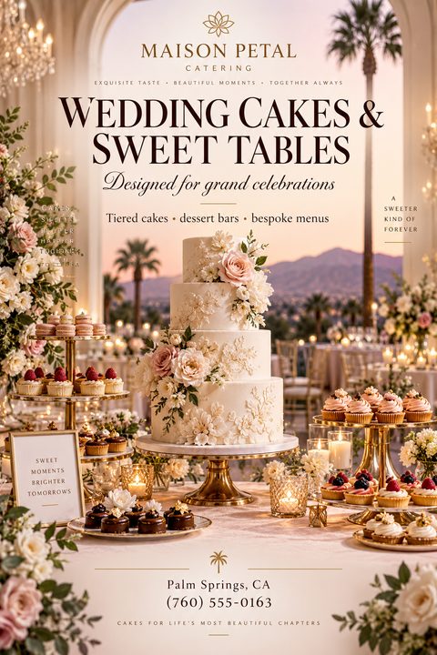 Elegant catering flyer featuring a large photo of a tiered wedding cake and dessert table at sunset. Sophisticated serif typography highlights wedding cakes and sweet tables for grand celebrations.