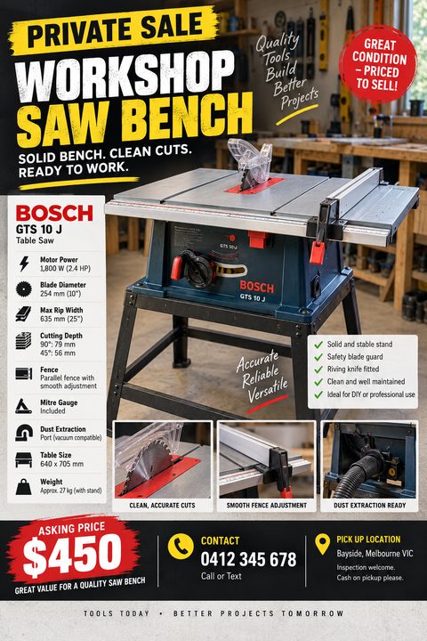 A flyer advertising a private sale for a workshop saw bench. The flyer features a large image of a Bosch table saw, detailed specifications, three smaller detail photos, and an asking price of $450.