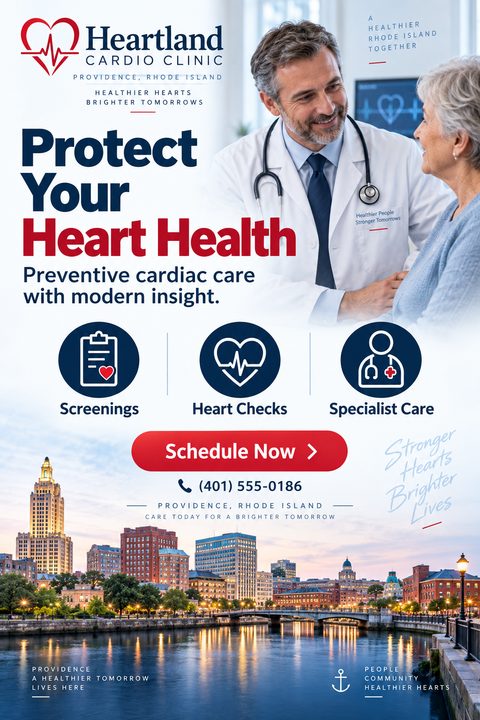 A medical clinic flyer featuring a doctor smiling at a patient, bold navy and red text, three service icons for screenings and care, a red schedule button, and a city skyline at sunset.