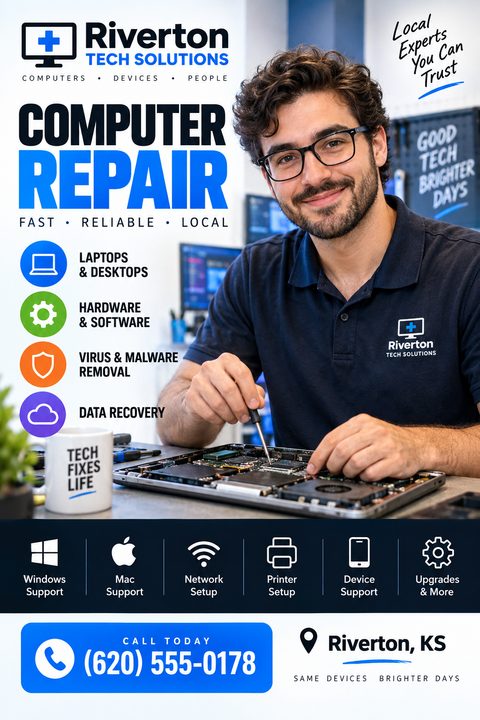 Computer repair flyer template featuring a smiling technician working on a laptop motherboard. Text reads 'Computer Repair: Fast, Reliable, Local' with a list of services like data recovery and virus removal.