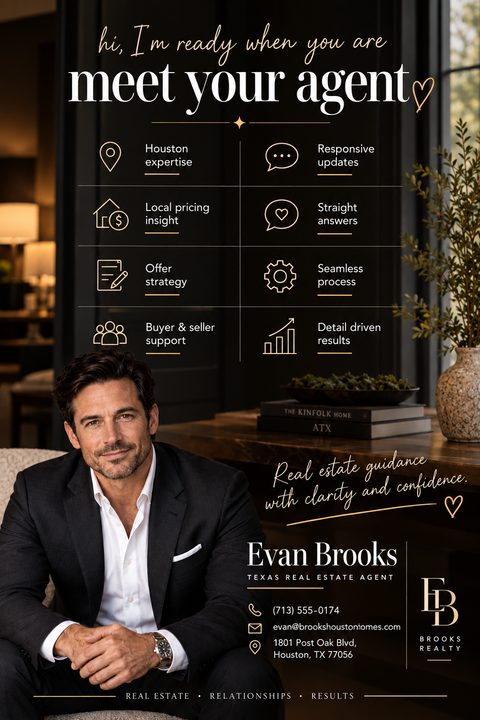 A dark, elegant real estate flyer featuring a large professional portrait of a man in a suit, the headline meet your agent, a grid of gold service icons, and contact details.
