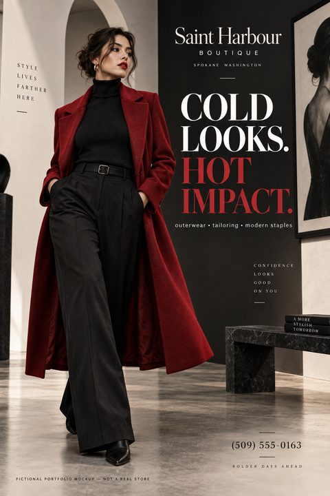 Fashion boutique flyer featuring a woman in a long red coat and black outfit walking confidently. Text reads 'Cold Looks. Hot Impact.' with boutique details.