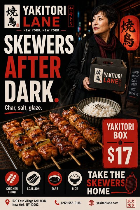 A moody takeaway flyer featuring a woman holding a branded takeout box at night, above a close-up of glazed yakitori skewers. Bold red and white text advertises a $17 Yakitori Box.