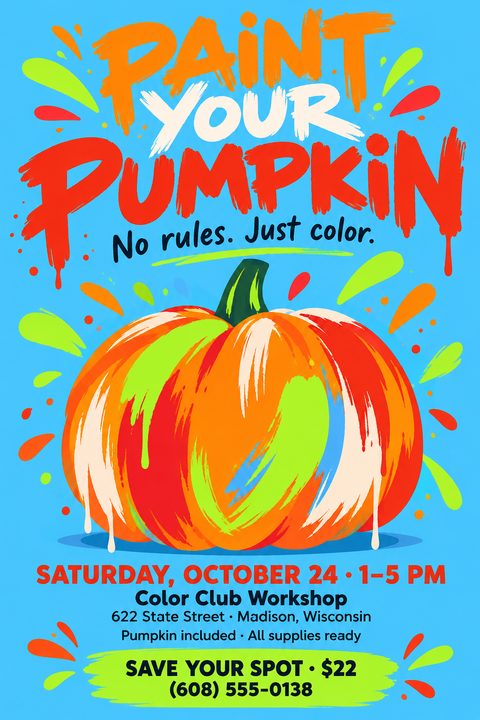 A bright blue flyer featuring a vibrant, multi-colored painted pumpkin surrounded by paint splatters. Bold, dripping brush-stroke text reads Paint Your Pumpkin above event details.
