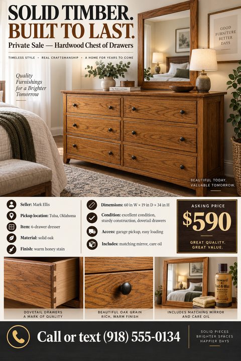 Flyer for a private sale of a hardwood chest of drawers. The top half shows a large photo of a solid oak 6-drawer dresser with a matching mirror in a bedroom setting. The headline reads 'Solid Timber. Built to Last. Private Sale - Hardwood Chest of.