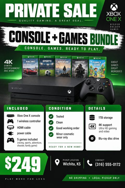 Flyer for a private sale of a video game console and games bundle. The design is black and bright green. It features a large photo of a console, controller, and five game cases. Below are three columns detailing what's included, the condition, and.
