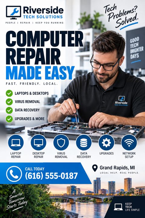 A computer repair flyer featuring a technician fixing a laptop. It includes bold blue and black text, a bulleted list of services, circular service icons, and a cityscape photo at the bottom.