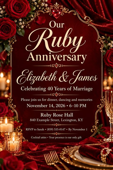 A luxurious ruby anniversary invitation featuring a deep red velvet background, ornate gold borders, red roses, glowing candles, and elegant gold typography for a 40th wedding anniversary celebration.