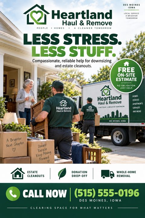 A green and white flyer for a junk removal service. A large photo shows movers carrying boxes and furniture from a house while an older woman smiles. Icons highlight estate cleanouts and donation drop-offs.