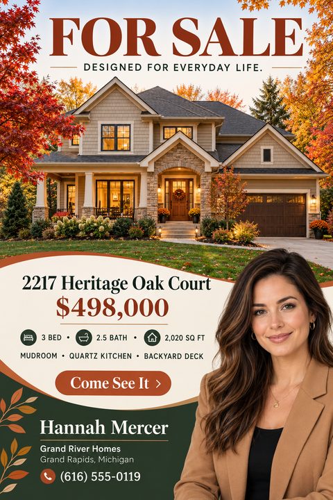A real estate flyer featuring a large photo of a house in autumn. Below, curved sections in cream and dark green display the property address, price, details, and a real estate agent's headshot.