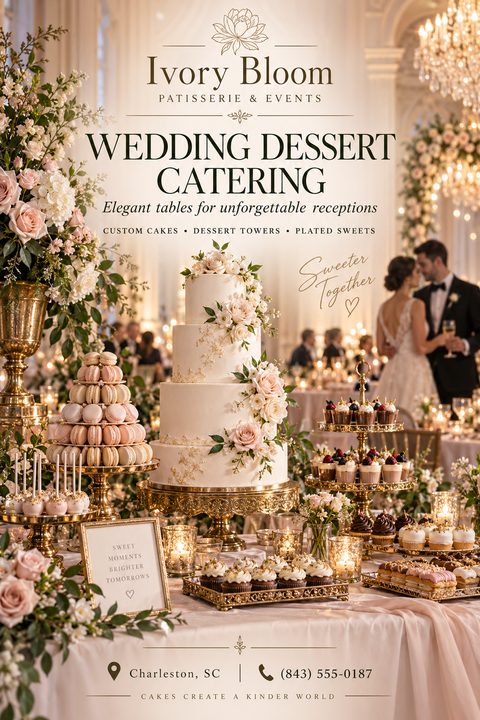 Elegant wedding catering flyer featuring a lavish dessert table with a multi-tiered floral cake, macarons, and cupcakes on gold stands, with a blurred bride and groom in the romantic background.