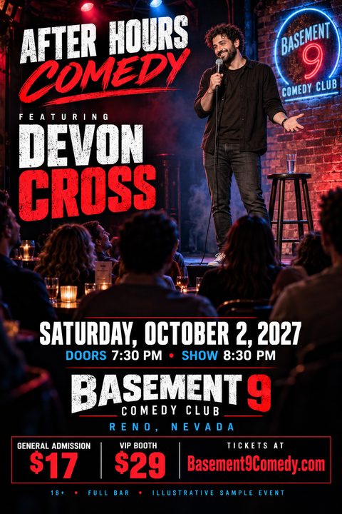 A comedy club flyer featuring a stand-up comedian on stage with a microphone. The design uses bold, distressed white and red text with neon blue accents against a dark, moody background.