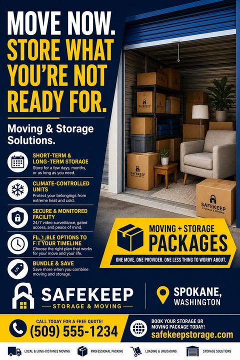 Flyer for a moving and storage company. The left side has a dark blue background with yellow and white text reading 'Move Now. Store what you're not ready for.' Below are icons for short-term storage, climate-controlled units, secure facility.