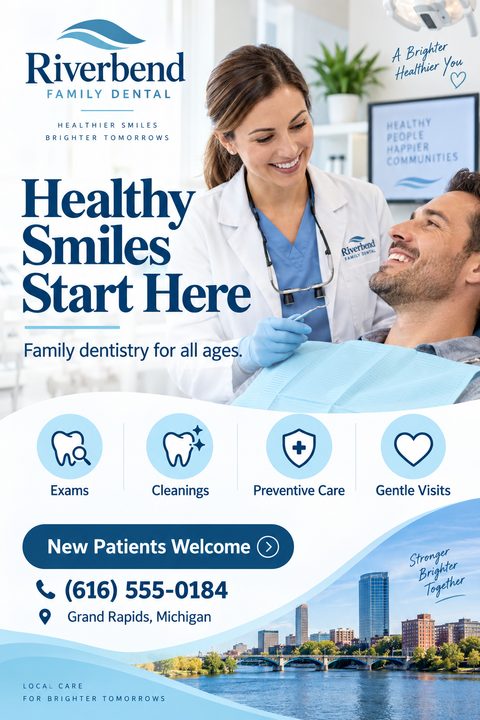 Flyer for a family dental clinic featuring a smiling female dentist examining a male patient. The design uses blue wave shapes, service icons for exams and cleanings, and a city skyline photo at the bottom.