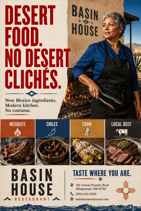 A rustic restaurant flyer featuring a woman grilling meat outdoors, bold red text on a textured background, and a four-column grid showcasing ribs, chiles, corn, and steak.