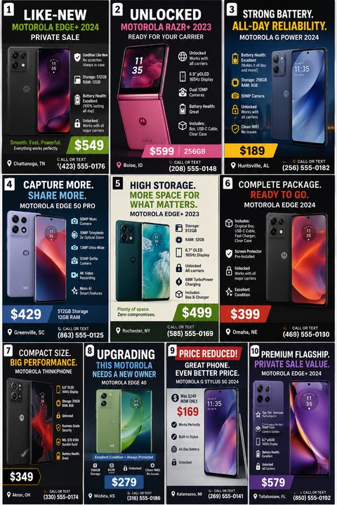 A dark-themed flyer with a grid layout showing ten different smartphones for sale, each with a photo, specs, price, and contact number.