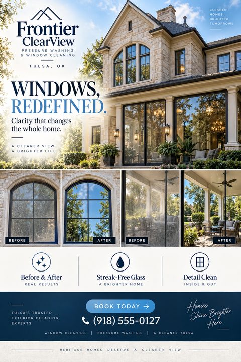 A window cleaning flyer featuring a large photo of a luxury home, two sets of before-and-after photos showing dirty and clean windows, service icons, and a navy blue footer with contact details.