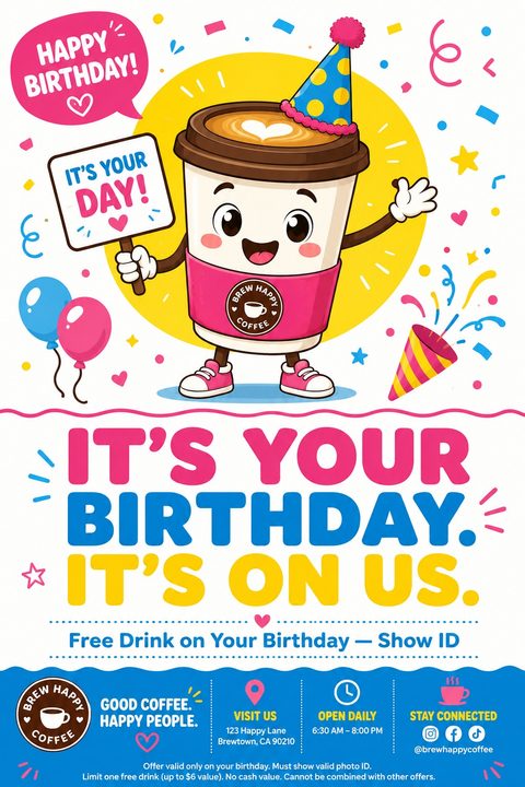 A brightly colored flyer with a cartoon coffee cup wearing a party hat and holding a sign that says 'It's your day!'. Large text reads 'It's your birthday. It's on us.'