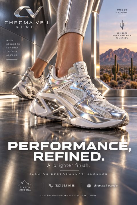 A person wearing metallic silver futuristic sneakers stands on a reflective surface. In the background, a desert landscape with mountains and cacti is visible through a modern structure. Text reads 'Performance, Refined.'