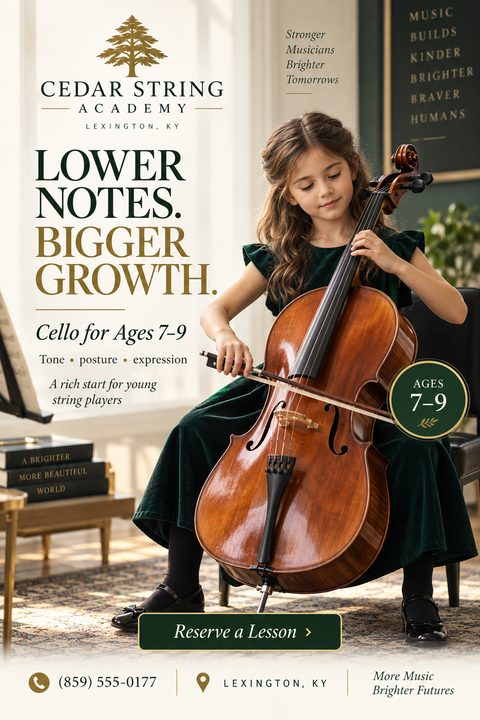 Flyer for Cedar String Academy offering cello lessons for ages 7-9, featuring a young girl playing the cello in a well-lit room.