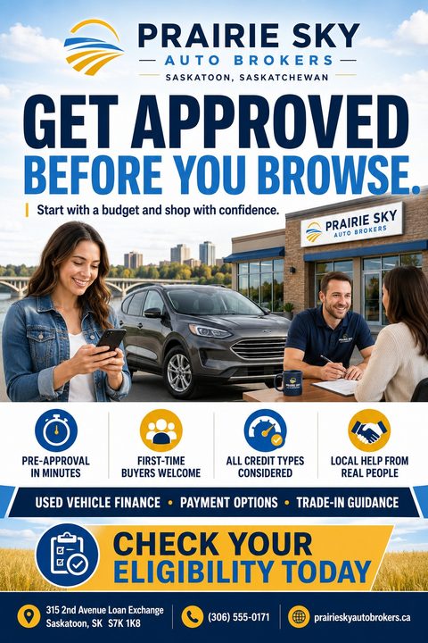 A flyer for auto financing featuring a woman looking at her phone, a car, and a man and woman at a desk. The flyer has a blue and yellow color scheme with text promoting pre-approval and financing options.