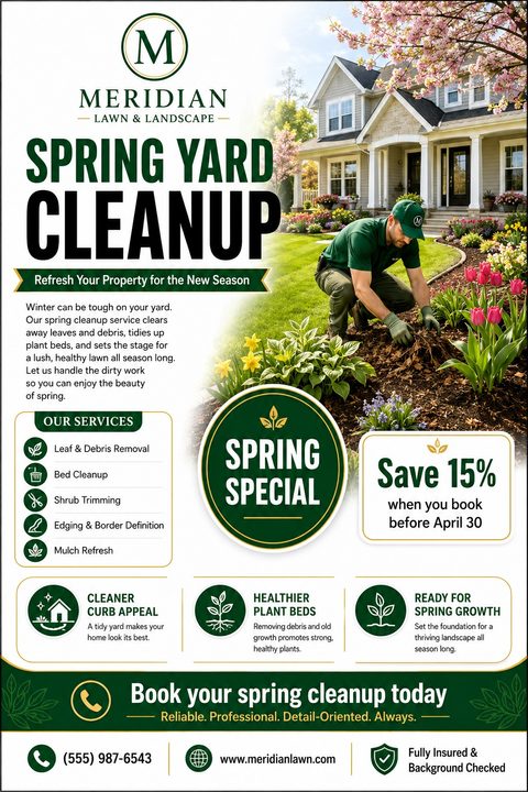 A professional landscaping flyer featuring a worker tending a flower bed outside a house. The design uses dark green and gold accents, with sections for services, benefits, and a spring special discount.
