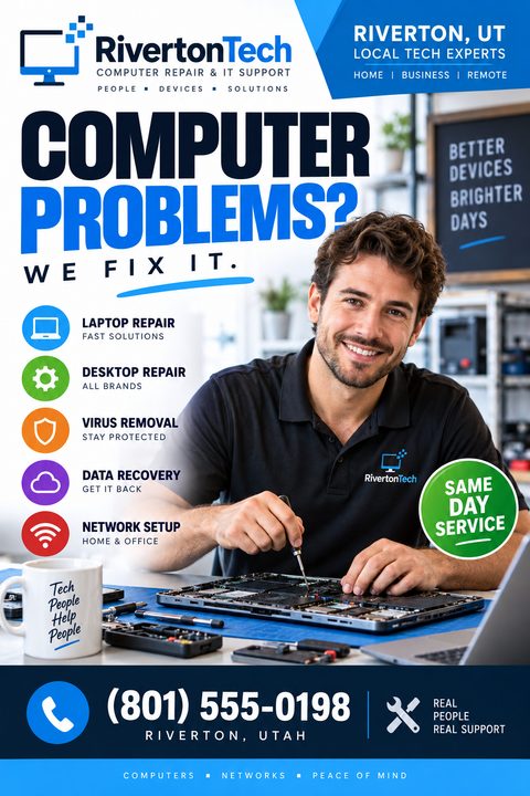 A computer repair flyer featuring a smiling technician working on a laptop motherboard. It includes bold blue text 'COMPUTER PROBLEMS?', colorful icons listing services, and contact details.