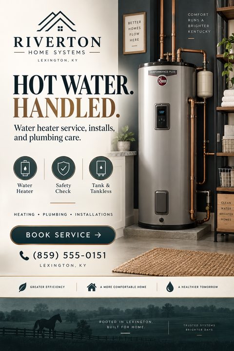 A plumbing service flyer featuring a modern silver water heater in a dark blue utility room. It includes copper text accents, service icons, a 'Book Service' button, and a landscape photo at the bottom.