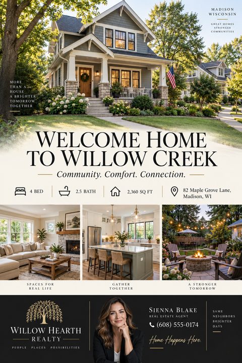 Real estate flyer with a large photo of a gray suburban house, three smaller photos showing a living room, kitchen, and patio, property details, and a dark footer with a real estate agent's portrait.