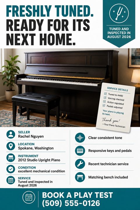 Flyer for a piano sale. Headline reads 'Freshly tuned. Ready for its next home.' Features a large photo of a black upright piano and bench. Includes sections for seller info, location, instrument details, condition, service history, and a 'Book a.