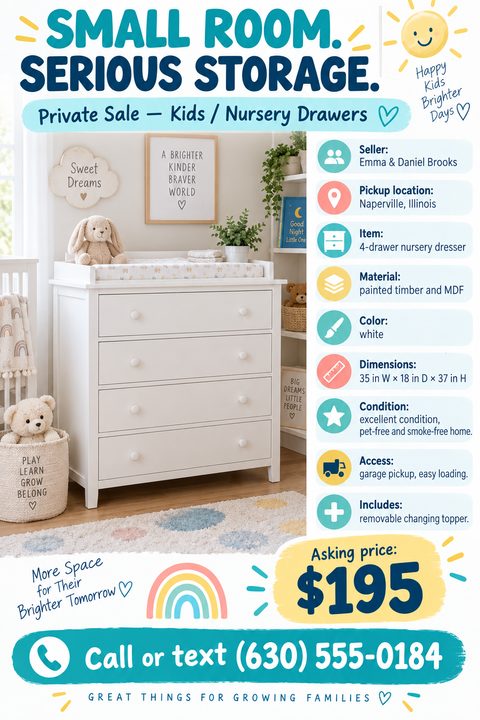 A flyer advertising a private sale for kids/nursery drawers. It features a photo of a white 4-drawer nursery dresser with a changing topper in a nursery setting. The flyer includes details like seller, pickup location, item description, material.