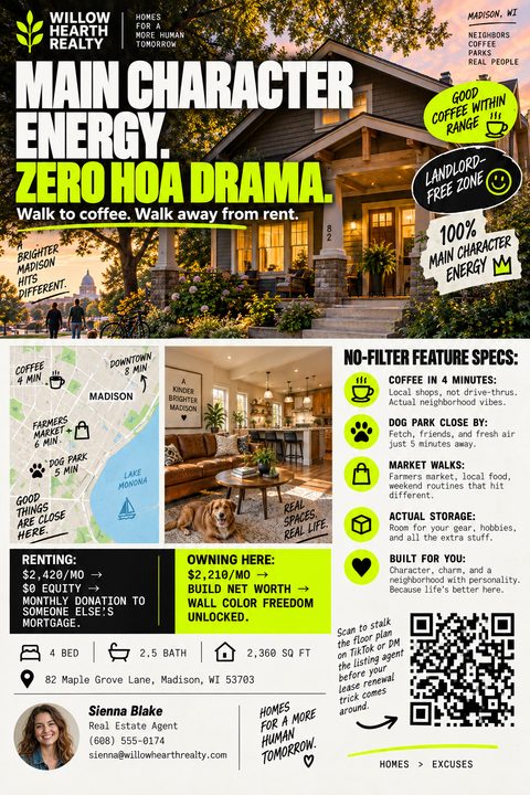 A modern real estate flyer featuring a large exterior house photo, bold neon yellow text, a neighborhood map, an interior living room shot, a rent-versus-own comparison chart, and a QR code.