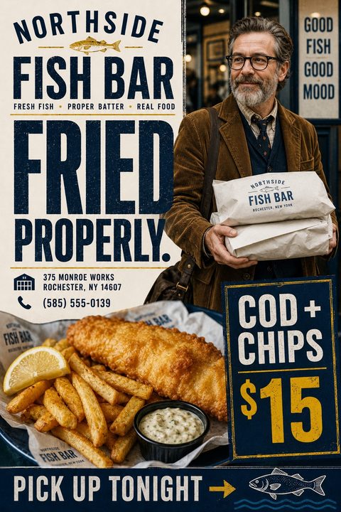 A rustic takeaway flyer featuring bold navy typography on a cream background. It shows a man holding paper bags and a large photo of fried fish and chips with a price callout box.