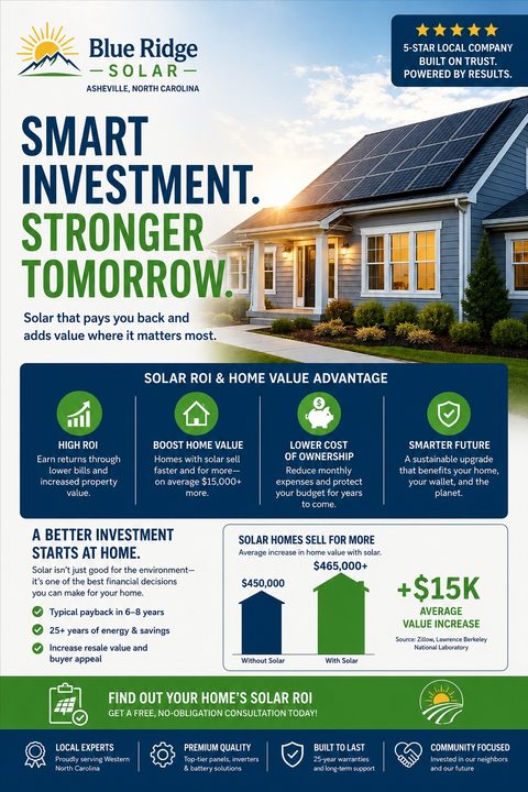 A flyer for a solar company featuring a house with solar panels on the roof. The text highlights the financial benefits of solar, including high ROI, increased home value, and lower cost of ownership. A chart shows the average increase in home value.